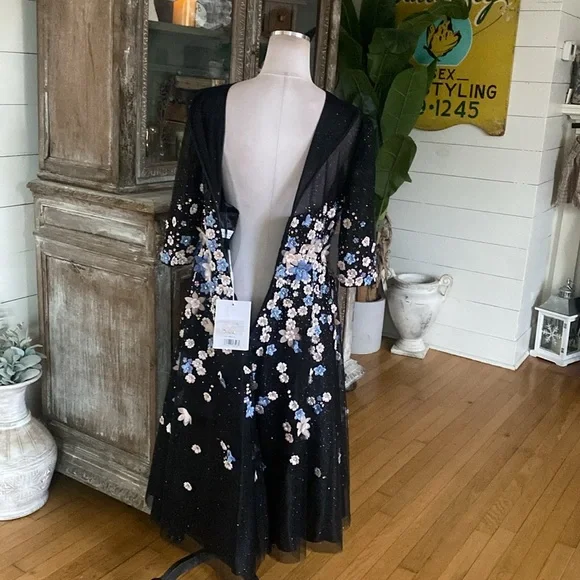 MAC DUGGAL FLORAL EMBROIDERED A-LINE TEA-LENGTH COCKTAIL DRESS BLACK 12 NEW